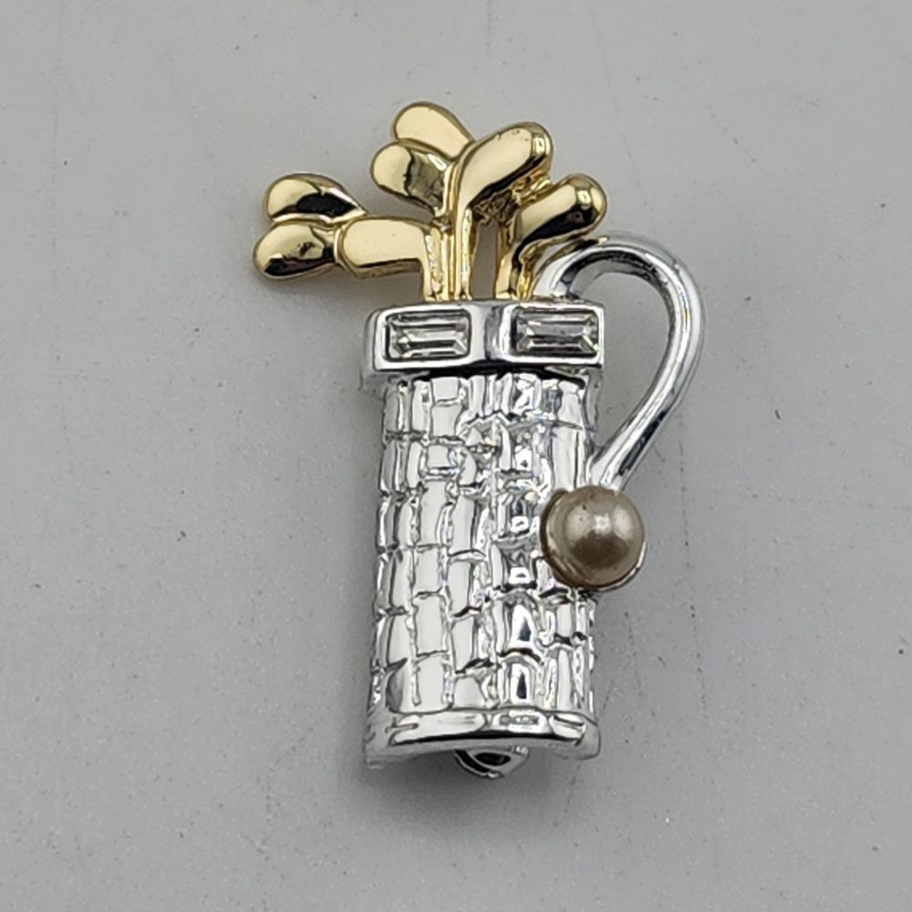 Signed Danecraft‎ Two Tone Golf Bag Rhinestone Pearl Brooch Gold Silver
